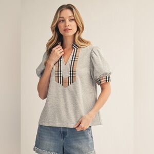 Blue plaid checkered ruffle bubble sleeve western blouse tunic top shirt